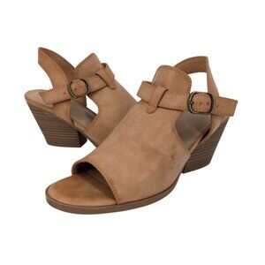 Frye & Co Gaia Tan Faux Leather Block Heel Sandals Women Size 10 Ankle Strap Y2K